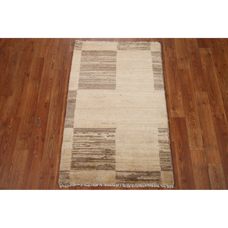 Hand Knotted Oriental 100% Wool Carpet Tribal Modern Beige & Ivories Gabbeh (kashkoli) Area Rug - 3' 2'' X 2' 0''