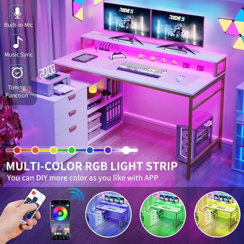55 Inch L-shaped Gaming Desk with Power Outlets and LED Lights Computer Corner Desk with File Cabinet Monitor Stand