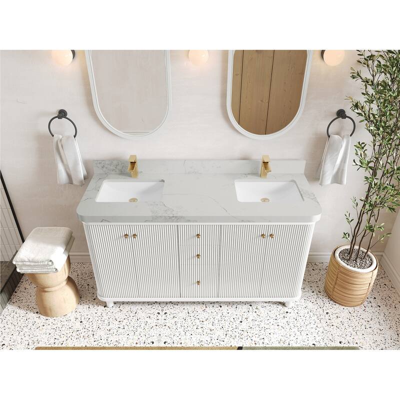 Willow Collections 60 in. W x 22 in. D Reeded Miami Double Bowl Sink Bathroom Vanity with Countertop - 2”Calacatta Nuvo - White