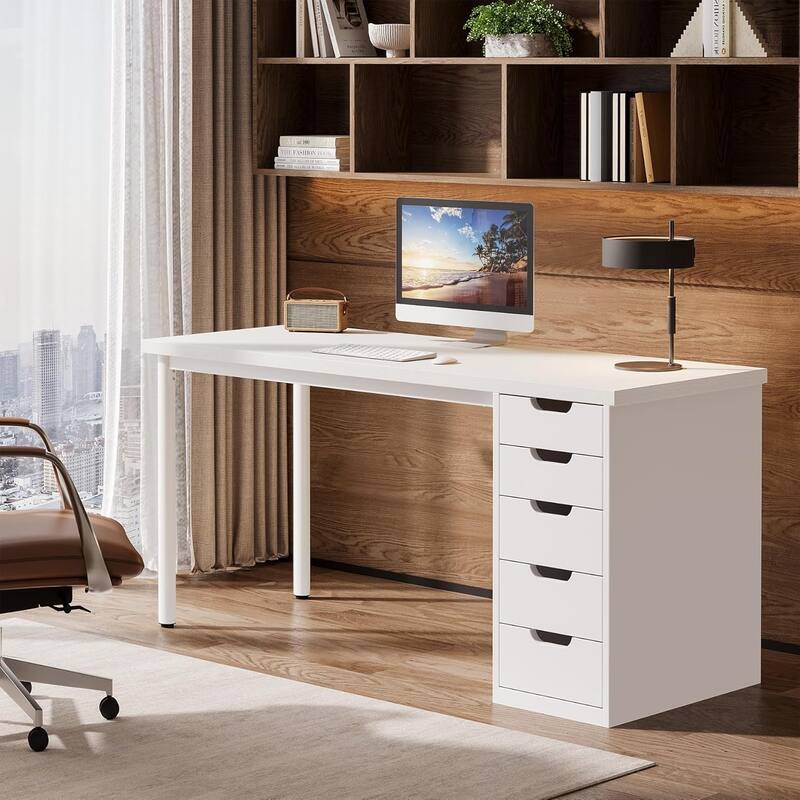 PC/Computer Desk with 5 Reversible Drawers, Home Office Desk with Storage, Laptop Desk Study Writing Table Workstation