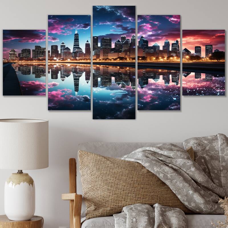 Designart "USA Chicago Skyscrapper Reflections" Cityscapes Multipanel Canvas Art Print set - 60 In. Wide X 32 In. High - 5 Panels Diamond Shape