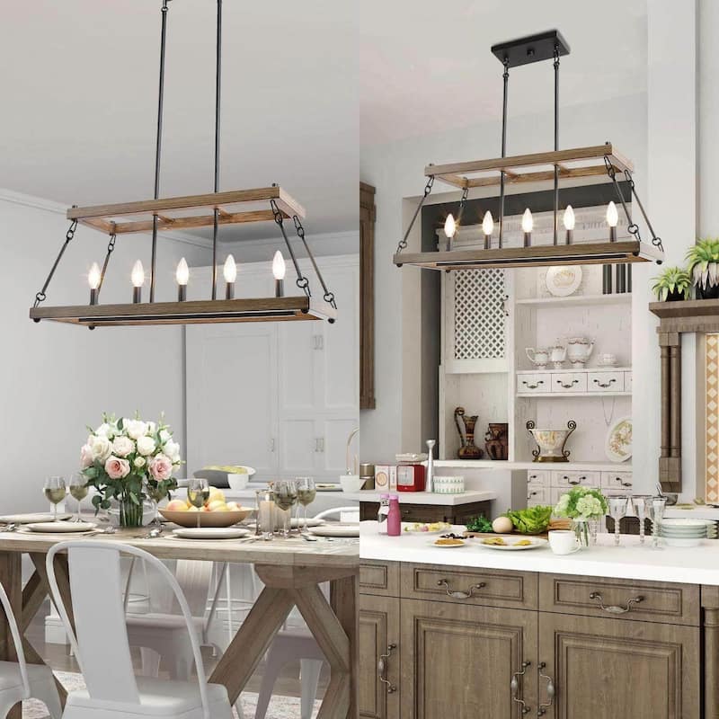 Farmhouse 5-Light Linear Chandelier Wood Grain Island Lights for Dining Room - L 30"x W 12"x H 12.5"