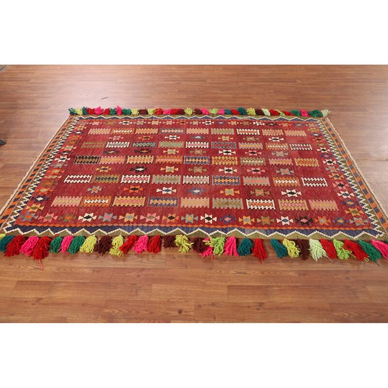 Kilim Qashqai Persian Vintage Rug Hand-Woven Geometric Wool Carpet - 4'6"x 7'7"