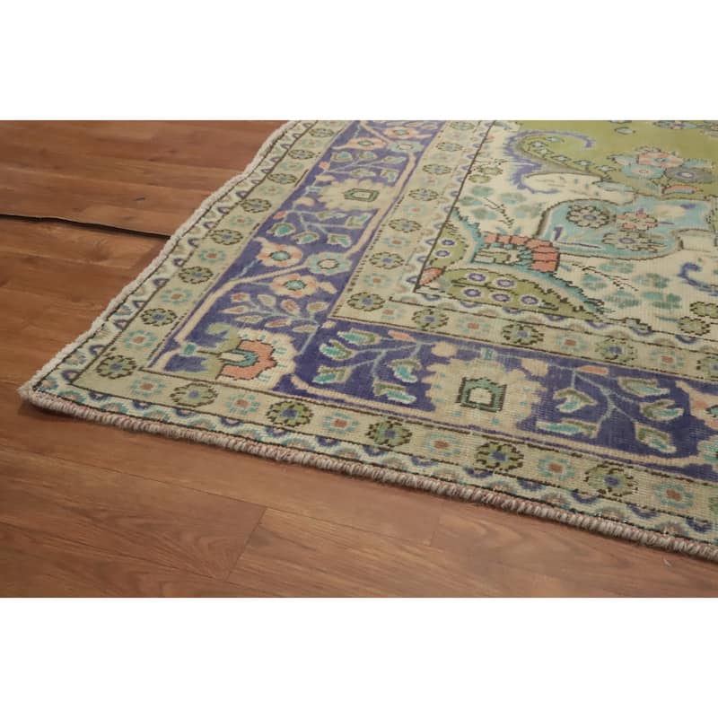 Hand Knotted Oriental 100% Wool Carpet Traditional Floral Green Tabriz Area Rug - 9' 5'' X 6' 5''