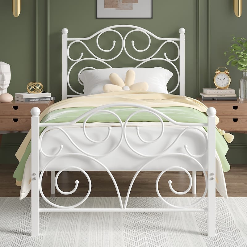 VECELO Twin Size Bed Frame with Headboard and Footboard, Heavy Duty Metal Slat Support - White