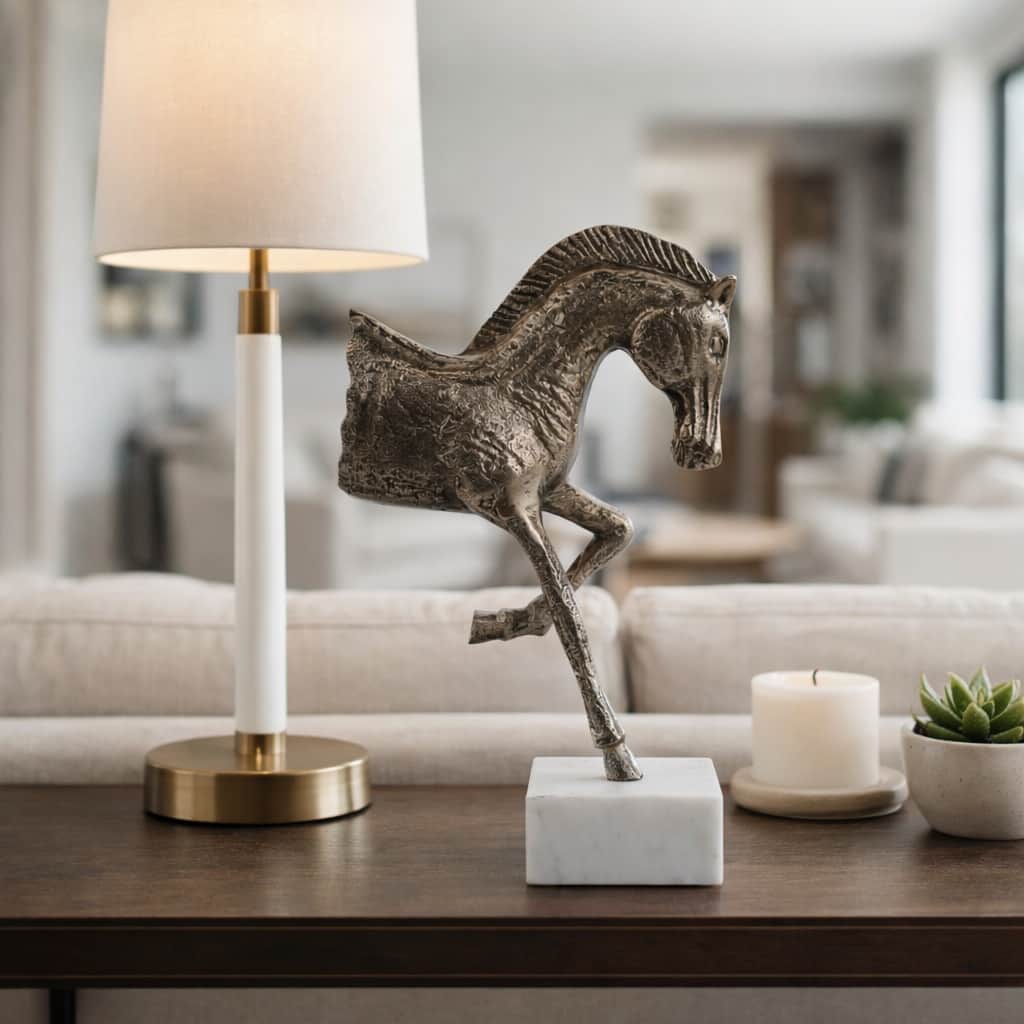 Decorative Horse Figurine Sculpture on Marble Base - 13.5"