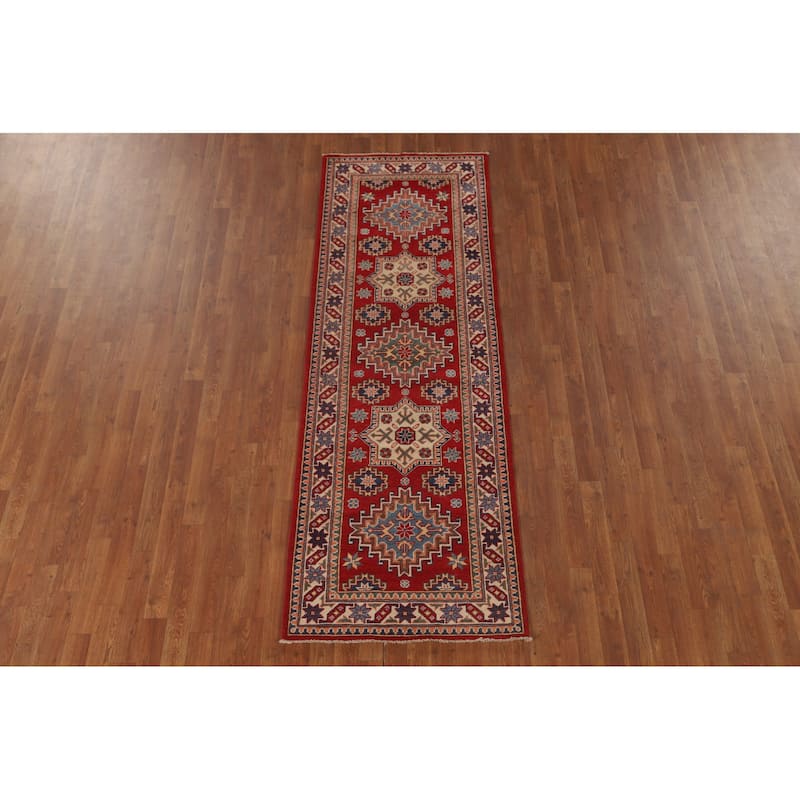 Geometric Red Kazak Runner Rug Hand-Knotted Wool Carpet - 2'9" x 8'0"