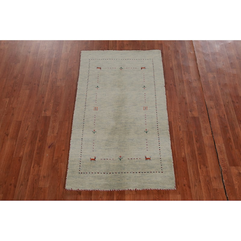 Hand Knotted Oriental 100% Wool Carpet Tribal Animal Pictorial Green Gabbeh Area Rug - 4' 11'' X 2' 9''