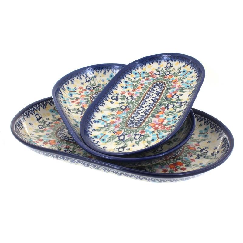Blue Rose Polish Pottery 8600 Vena 3 Piece Oval Serving Set - Garden of Eden