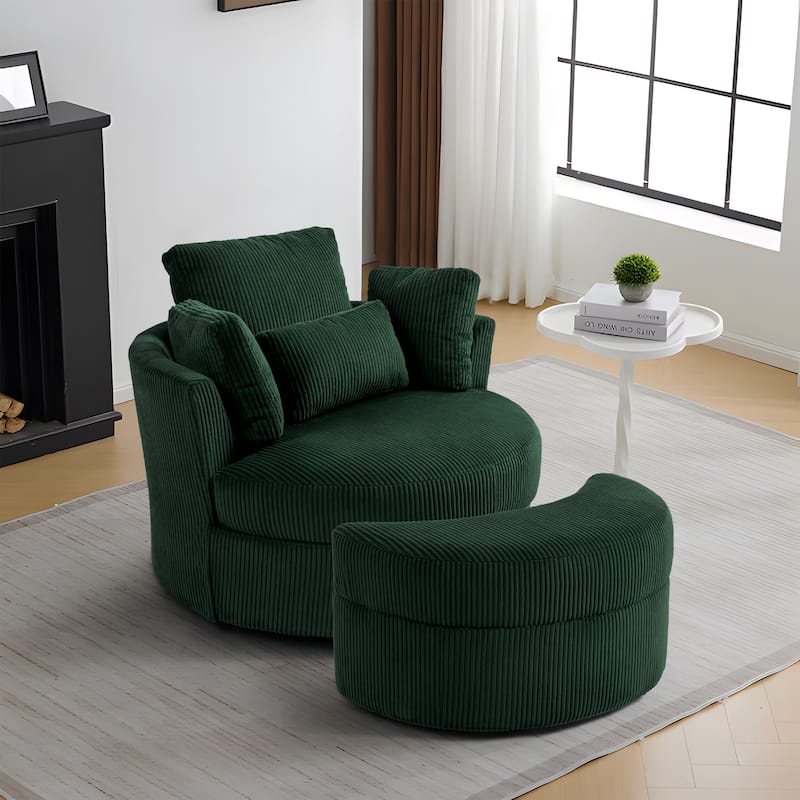 Upholstered Swivel Accent Chair with Wooden Tray Storage Ottoman - Chair & Ottoman Sets - GREEN/Corduroy