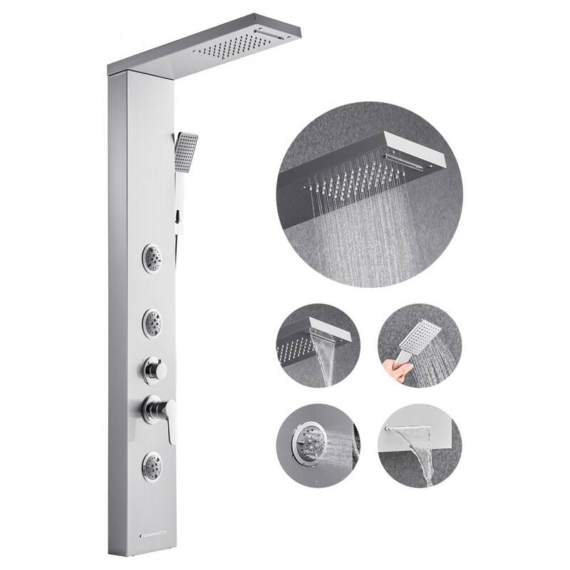 Silver Stainless Steel 5-in-1 Shower Panel Tower System with Rainfall, Waterfall, Jets and Handheld - 53.0x 7.9x 18.1 inch