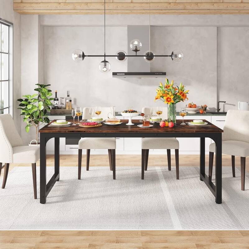 71" Industrial Dining Table for 6-8 People, Rustic Rectangular Kitchen & Dining Room Table with Heavy-Duty Metal Frame