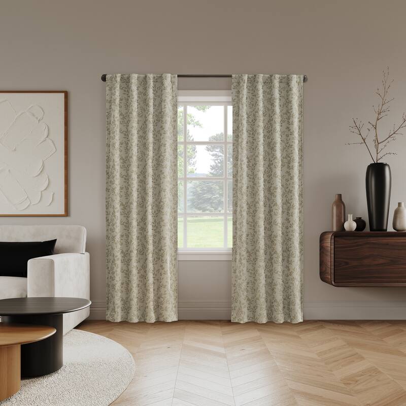 Sun Zero Estelle 2-Piece Foliage Woven Jacquard Total Blackout Back Tab Curtain Panel Pair