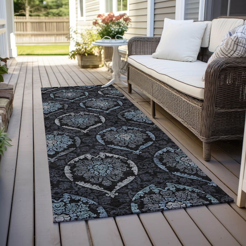 Machine Washable Indoor/ Outdoor Chantille Traditional Damask Rug - Blue - 2'3" x 7'6"