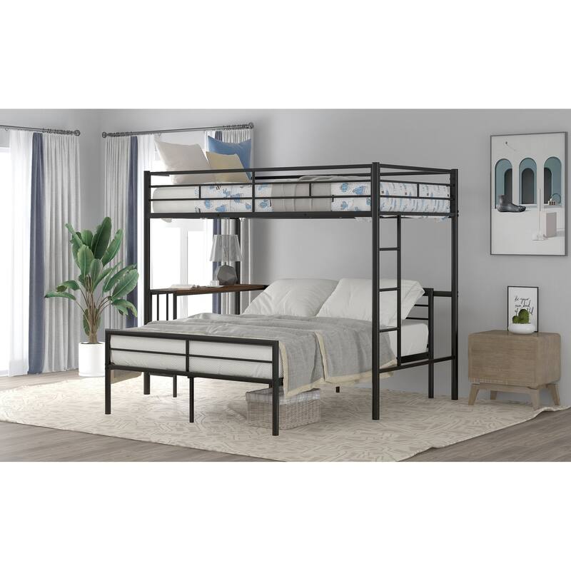 Twin Over Full Metal Bunk Bed with Desk, Ladder, and Quality Slats for Bedroom