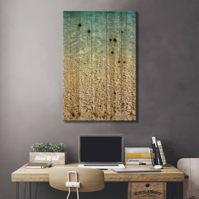 Aqua Blue Ocean And Golden Pebbles Print On Wood by Alyson Fennell - Multi-Color