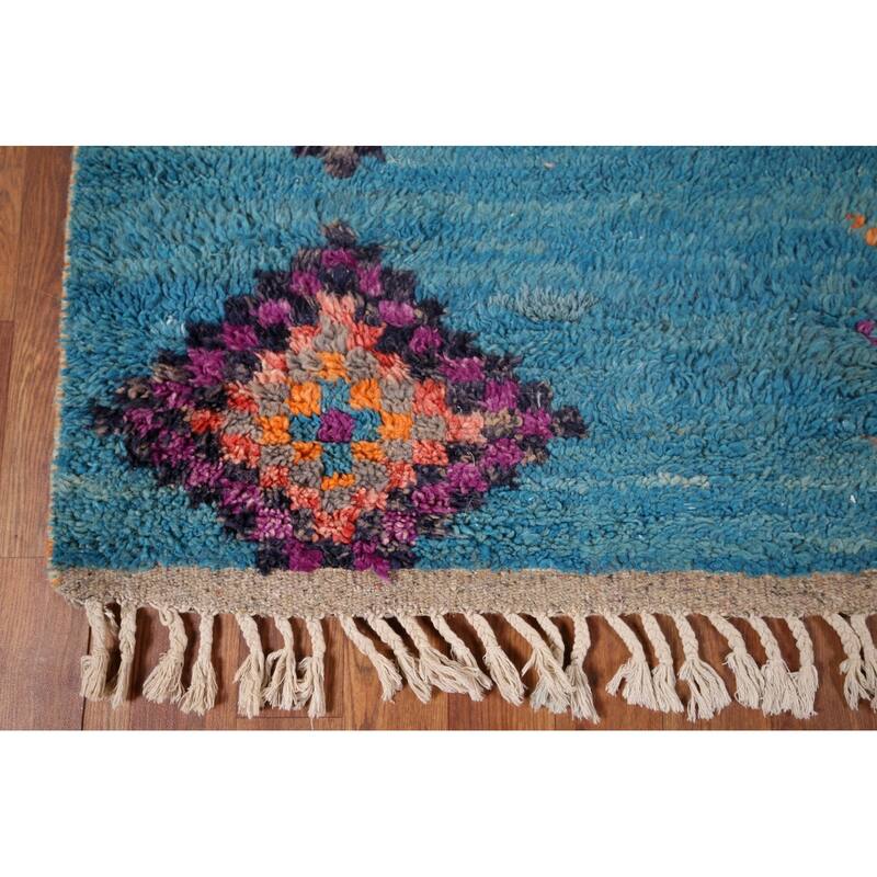 Plush Geometric Blue Moroccan Accent Rug Hand-Knotted Wool Carpet - 3'1" x 5'7"