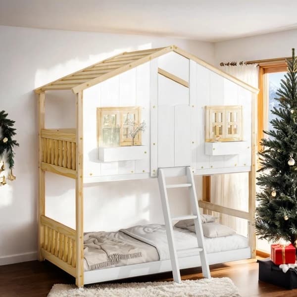 slide 2 of 10, Twin over Twin House Bunk Bed with Roof, Window Box and Door, Natural+White Antique White