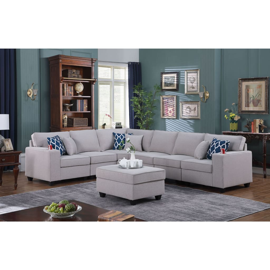 7 Piece Upholstered L-Shape Sectional Sofa with Ottoman in Light Gray