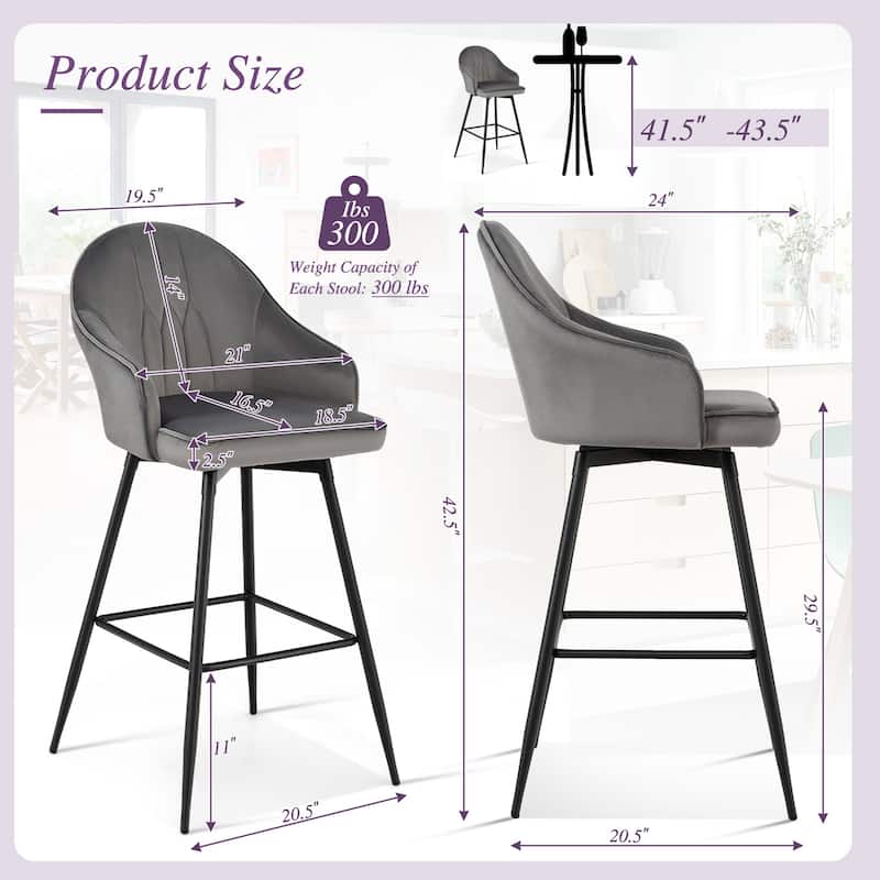 Gymax Set of 4 Velvet Bar Stools Swivel Pub Height Dining Chairs w/