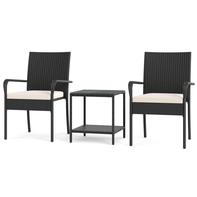 3 Piece Black PE Rattan Patio Set with Metal Frame, Cushions and Glass Table - Chair: 23" x 22.5" x 35"