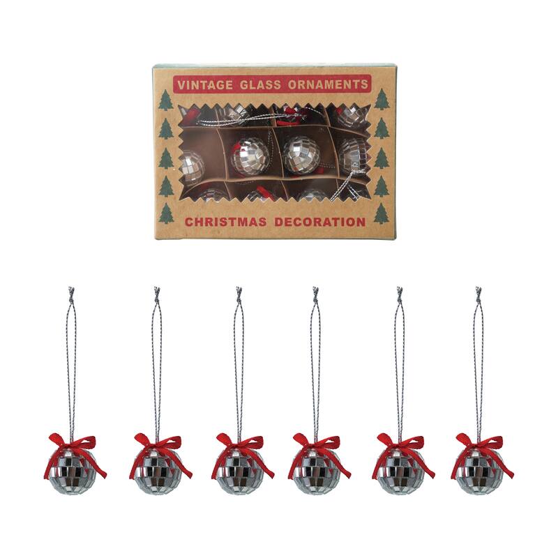 12-Piece Foam and Glass Mini Mirror Ball Ornaments with Bow - 6.13"L x 4.25"W x 1.25"H - Silver