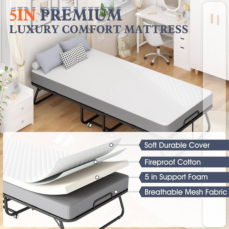Folding Bed with Mattress, Portable Foldable Rolling Guest bed for adults with 5-inch Memory Foam Mattress and Dustproof Bag