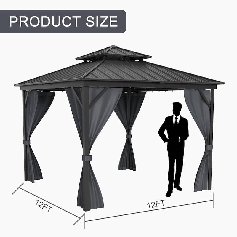 12 Ft x 12 Ft (12 Ft x 16 Ft / 12 Ft x 20 Ft )Hardtop Gazebo with Netting and Curtains, Galvanized Steel Double Roof