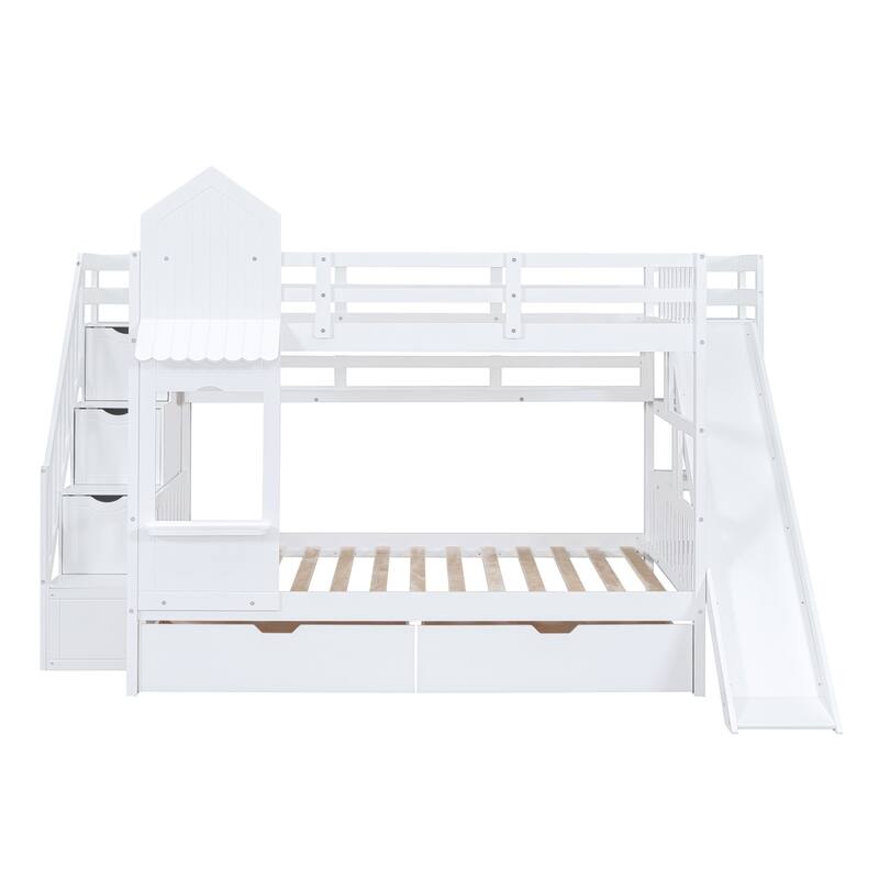 Merax Castle Style Bunk Bed with 2 Drawers 3 Shelves and Slide