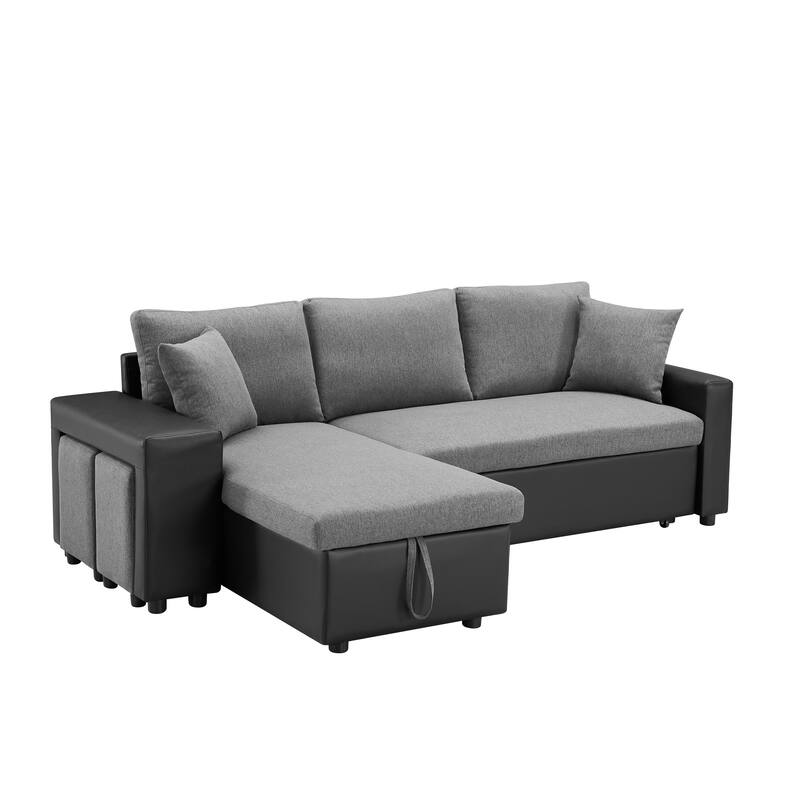 92.5"Reversible Sleeper Sectional Sofa with storage and 2 stools Steel