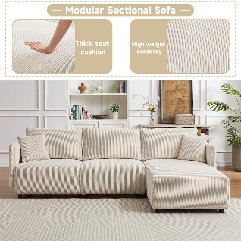 Corduroy Modular Combination Sofa with 2 Cushions and USB Ports