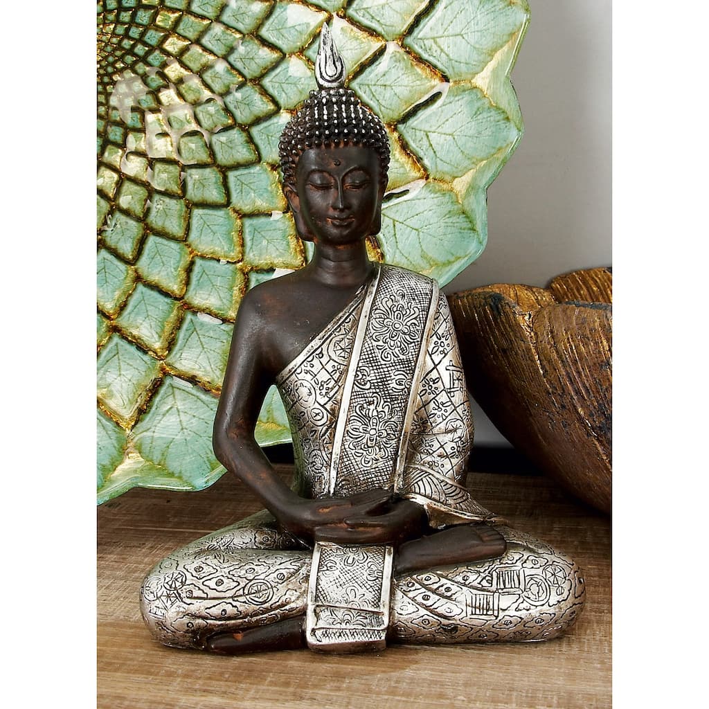 Black Polystone Meditating Buddha Decorative Sculpture with Engraved Carvings and Relief Detailing - 6 x 4 x 8