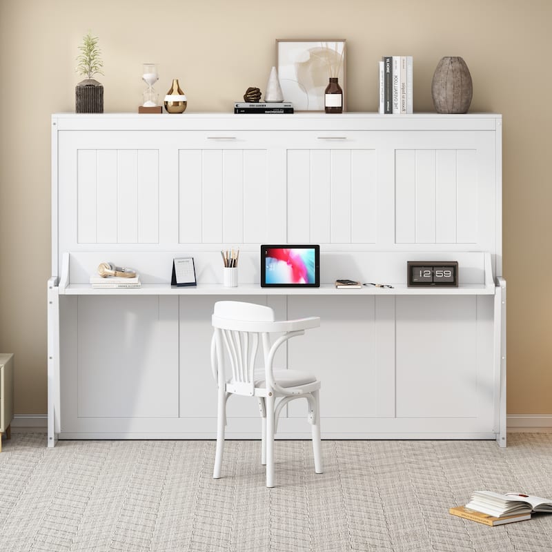Hydraulic Lift Murphy Bed with Built In Desk Design, Solid Pine Wood Wall Platform Bed, Full/Queen Size