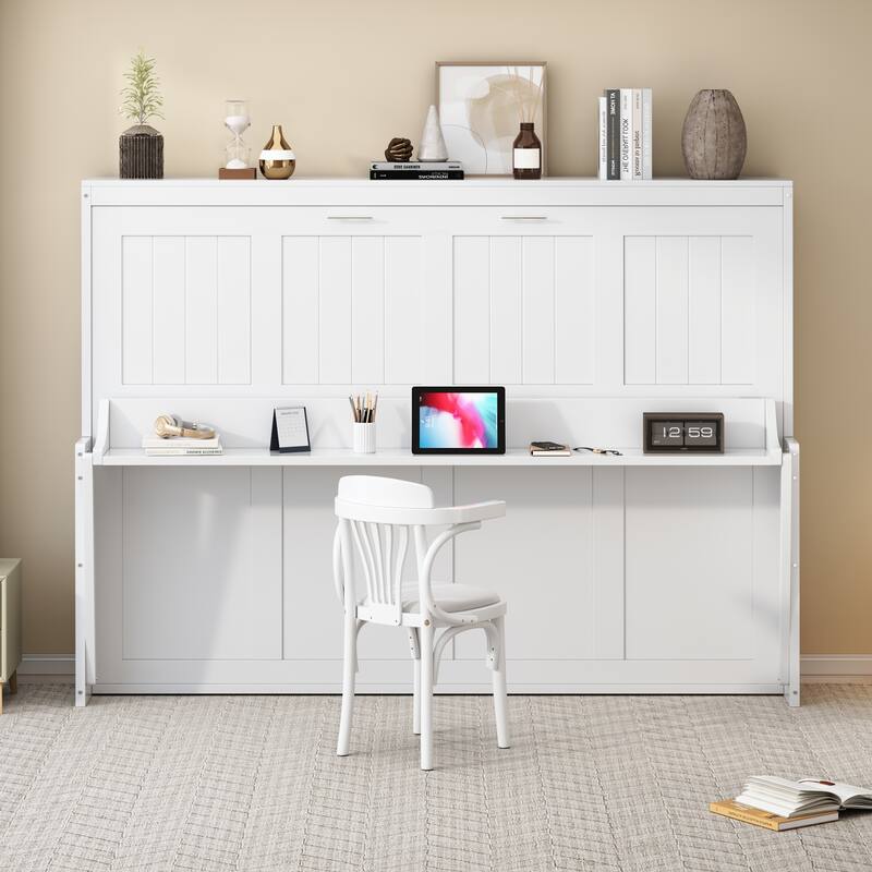 Queen Size Wall Murphy Bed with Hydraulic Lift & Desk, Solid Wood Platform Bed Frame w/Storage Shelf for Guest Room Home Office