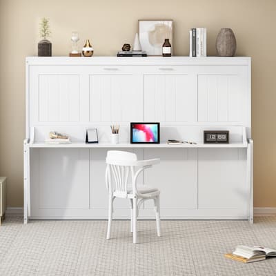 Queen Size Wooden Murphy Bed with Hydraulic Lift and Desk Design