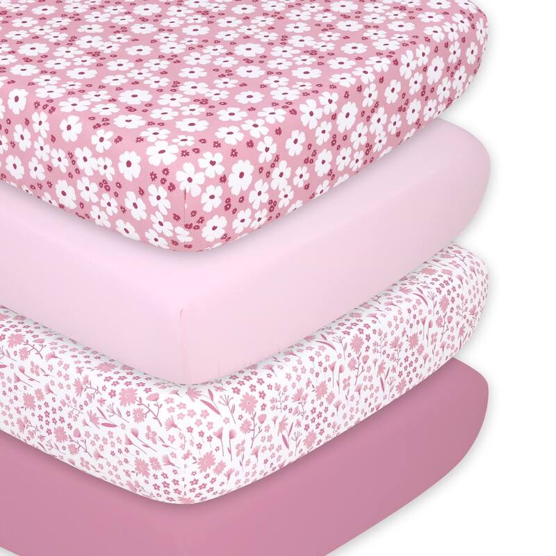 The Peanutshell Daisy Fitted Crib Sheet 4 Pack Set for Baby Girls
