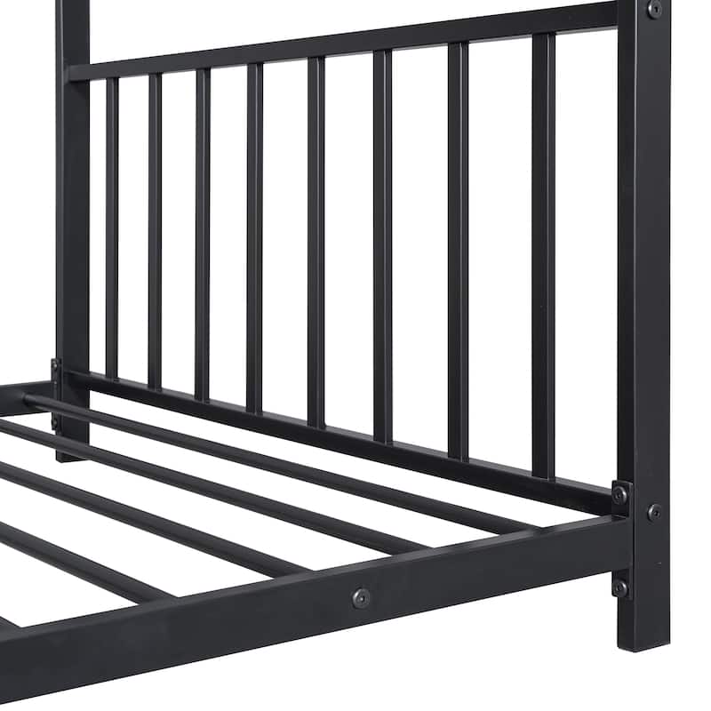 Twin Size Metal House Platform Bed Frame with Metal Slats and Roof Design for Children's Bedrooms, Guest Rooms