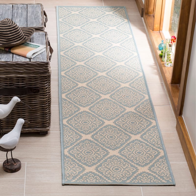 SAFAVIEH Linden Sharron Indoor/ Outdoor Waterproof Patio Backyard Rug - 2'2" x 8' Runner - Cream/Aqua