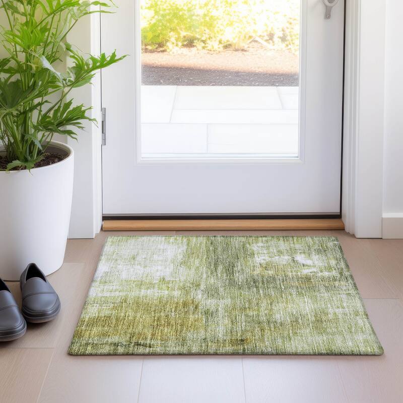 Machine Washable Indoor/ Outdoor Abstract Watercolor Chantille Rug - Sage - 1'8" x 2'6"