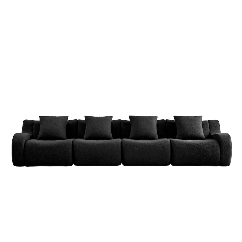 118" Teddy Fabric Boneless Couch, Upholstered 4-Seat Sofa with Curved Armrests, Modular Deep Seat Sofa, No Assembly Required