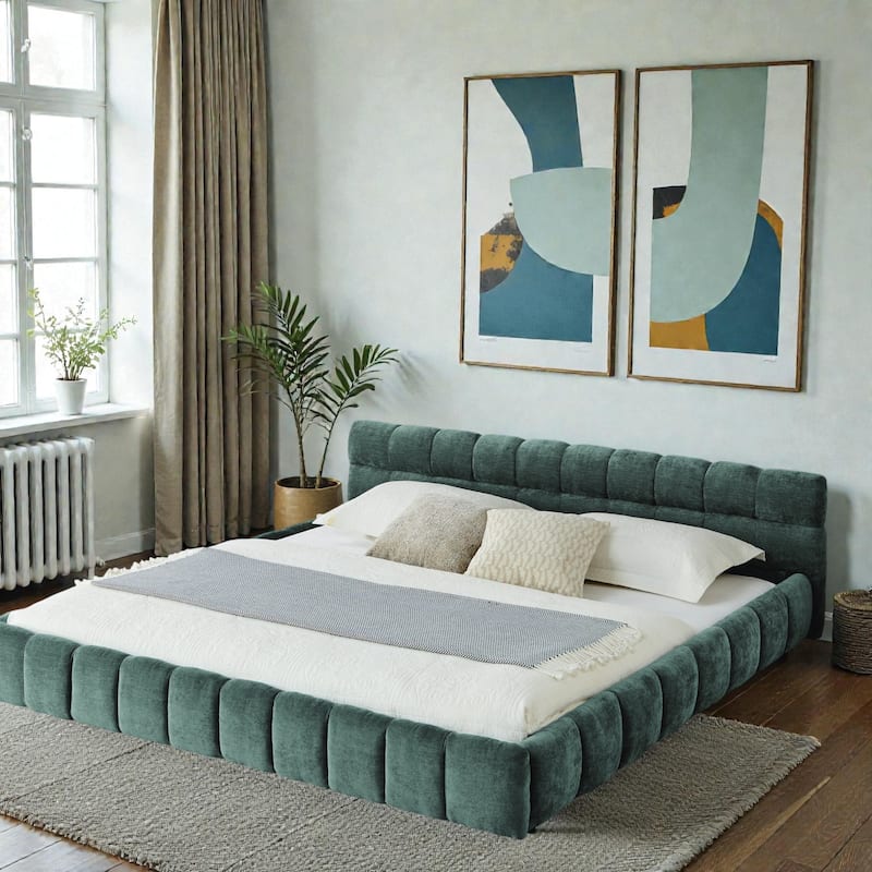 King Upholstered Platform Bed Frame with Thick Chenille Fabric, Grounded Modern Bed with Headboard, No Box Spring Needed