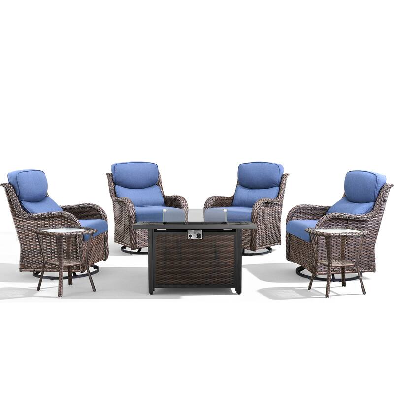 Meyreso 7-Piece Outdoor Patio Wicker Fire Pit 4 person Conversation Set with 5-Inch Thick Cushions