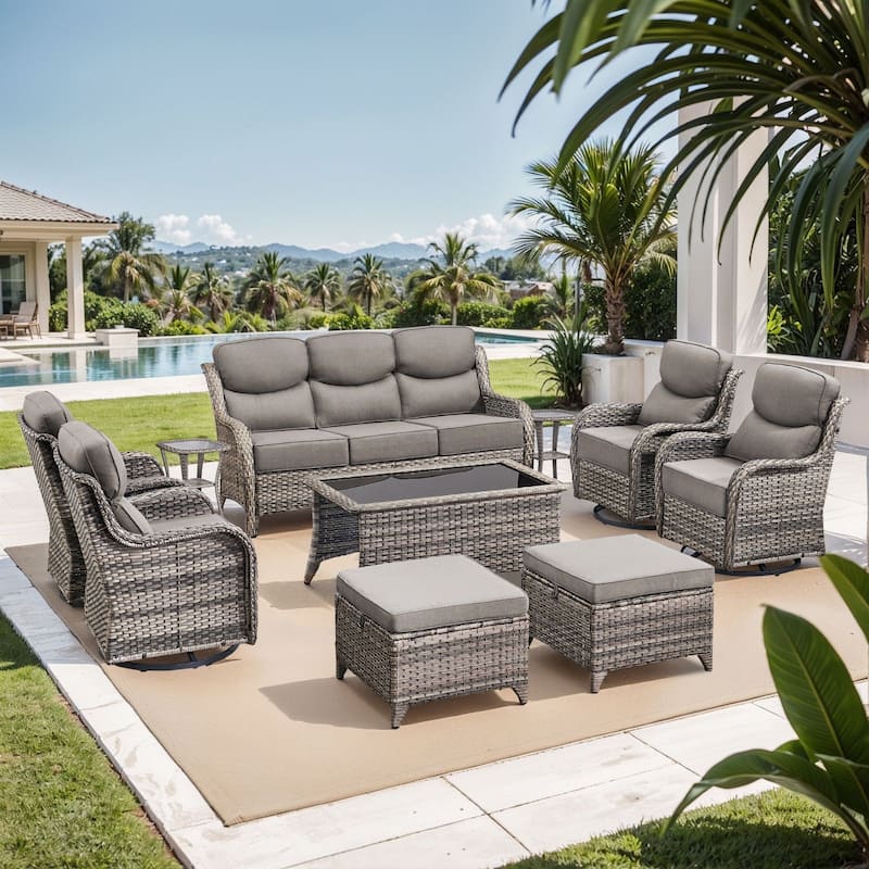Pocassy Outdoor Sofa Patio Swivel Chairs Sets - Grey Wicker Grey Cushion - S-a Swivel Chair with Ottoman Set - 10PCS