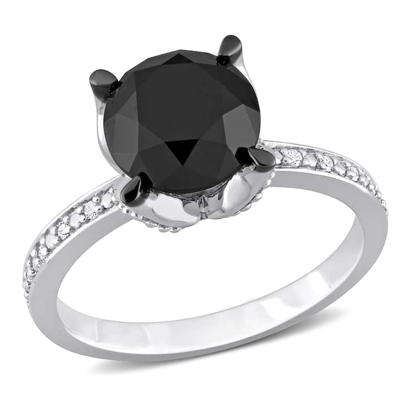 Miadora 3ct TDW Black and White Diamond Solitaire Engagement Ring in 14k White Gold