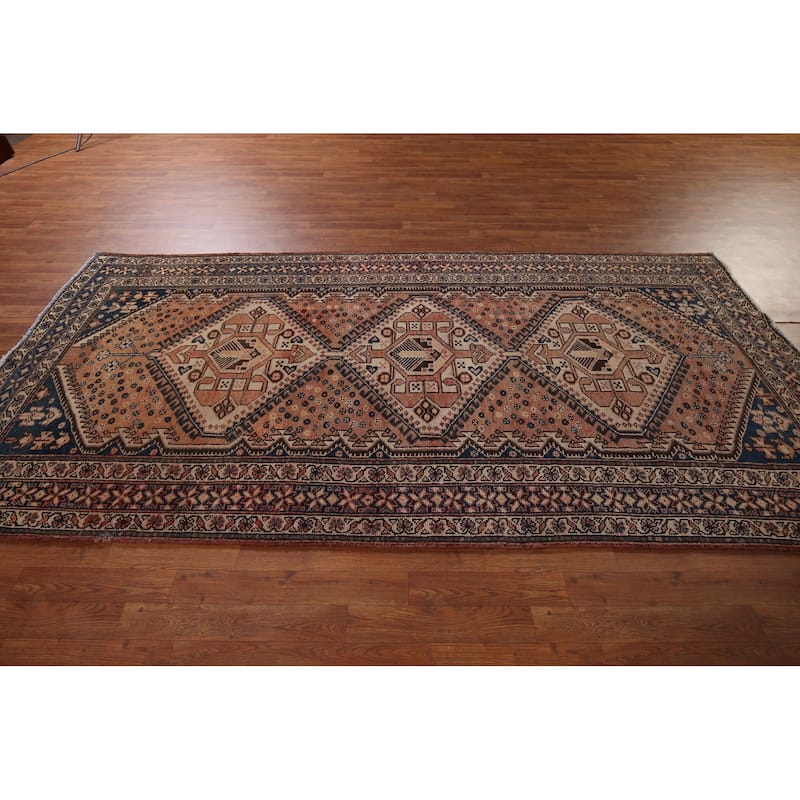 Geometric Bakhtiari Persian Vintage Rug Handmade Orange Wool Carpet - 4'11" x 10'0"