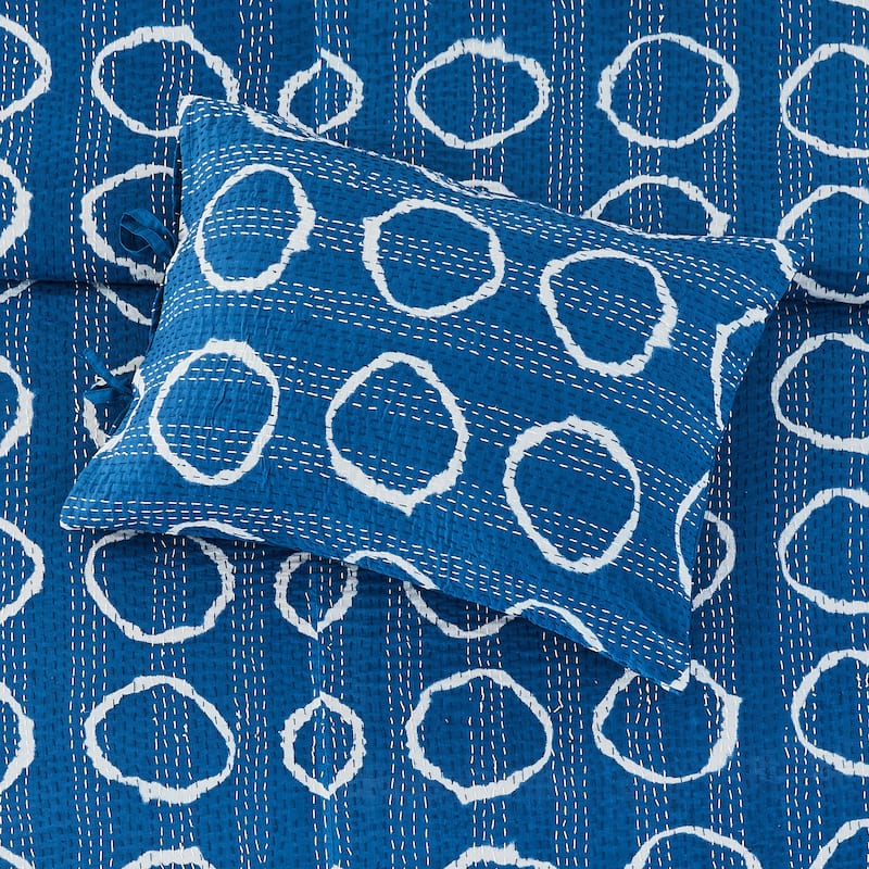 Melange Hand Stitched Kantha Block Print Circle Coverlets and Shams