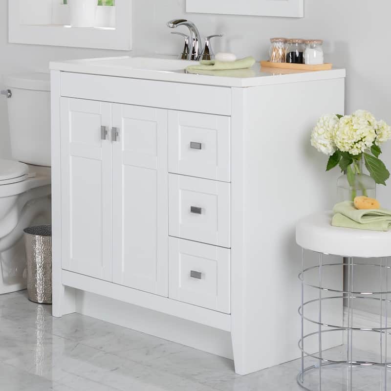 Spring Mill Cabinets Lonsdale 36.5" 2-Door Bathroom Vanity With 3 Drawers and White Sink Top - White