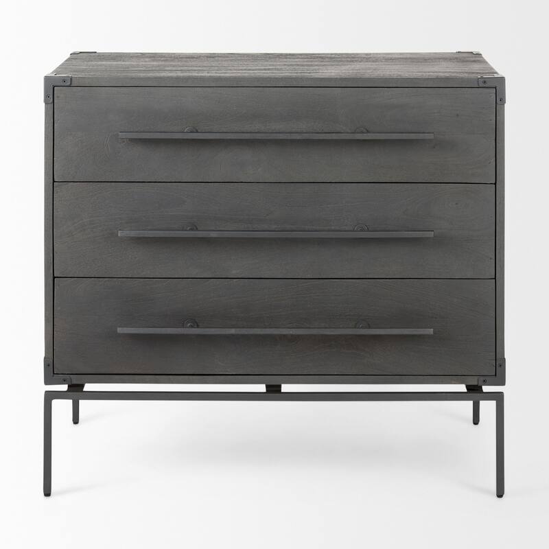 Ward Dark Brown Solid Wood w/ Black Iron Base 3 Drawer Accent Cabinet