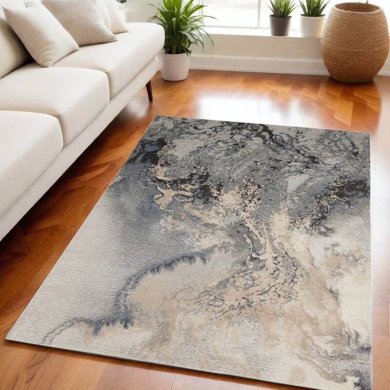 Cakux Power Loomed Abstract Modern Stain Resistant Area Rug By HomeRoots - 87' X '63' X '0.5 - Oxford Blue - Rectangle