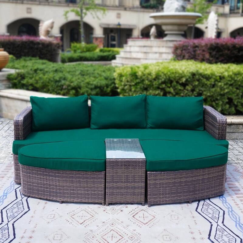 5-piece Patio Wicker Daybed Sectional Sofa Set with Side Table